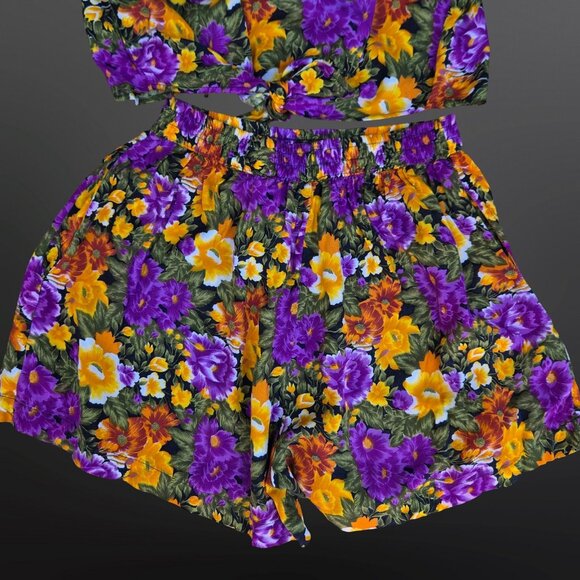 Vintage 80s Sleeveless Blouse Shorts Set Size M Bright Floral Waist tie Pockets - Picture 7 of 7